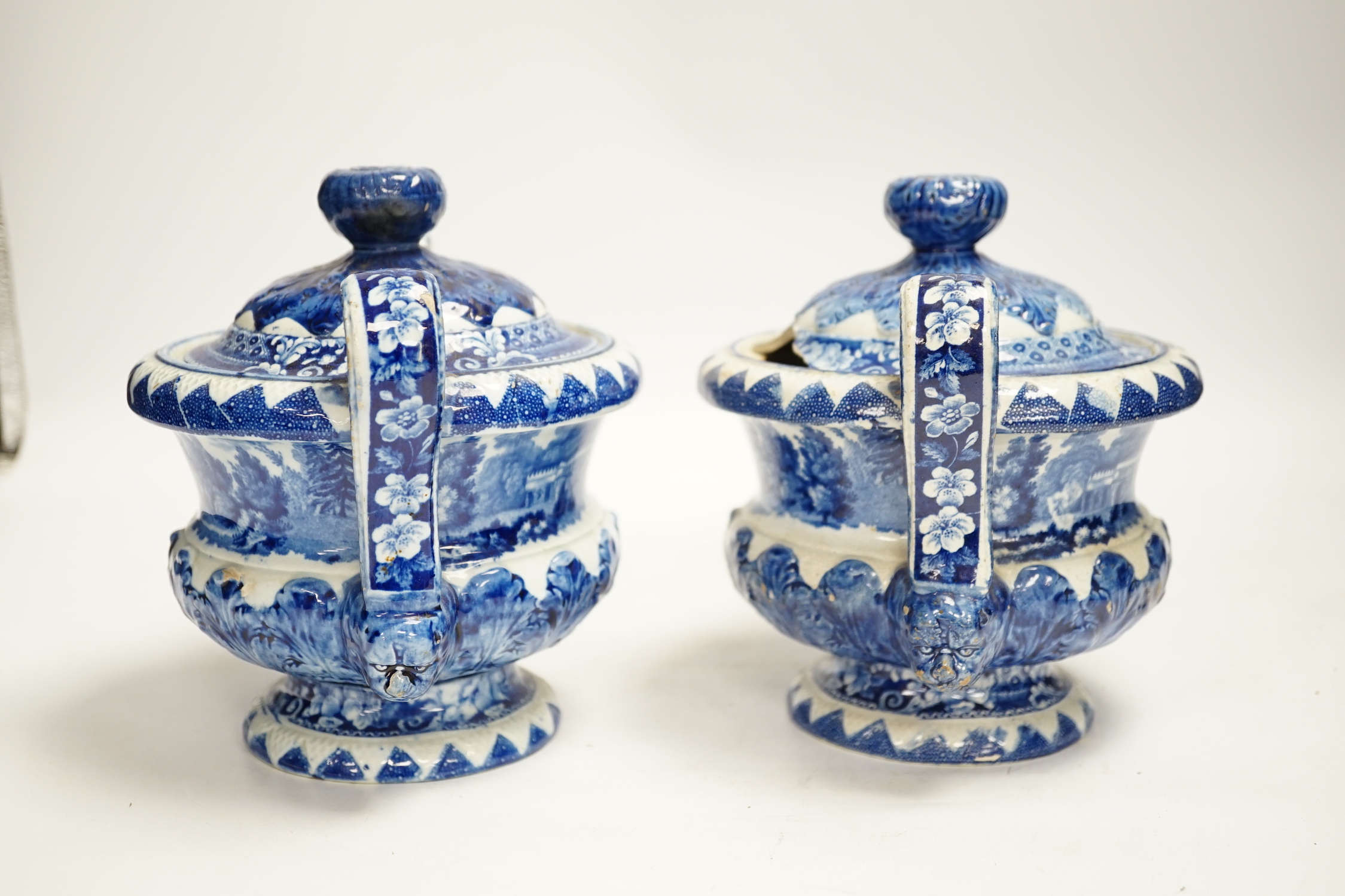 'Eatington Hall. Warwickshire' pattern - a pair of Riley blue and white pearlware sauce tureens and covers, 16cm